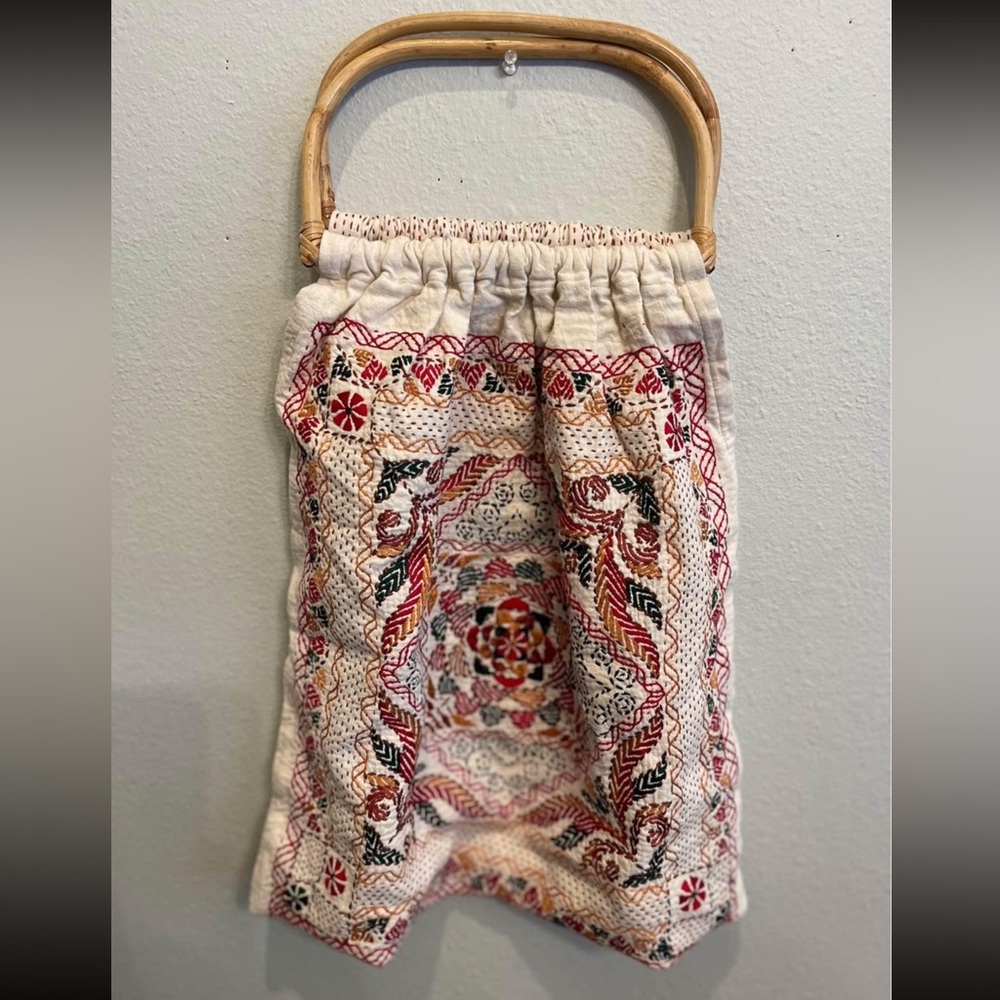 Hand Embroidered Alpona Bamboo Handle Tote Bag
